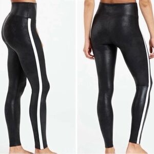 SPANX Faux Leather Leggings Tummy Control Side Stripe Black White size XL